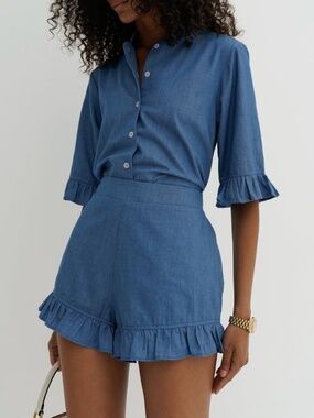 Riviera Chambray frill shirt and shorts set in BLUE